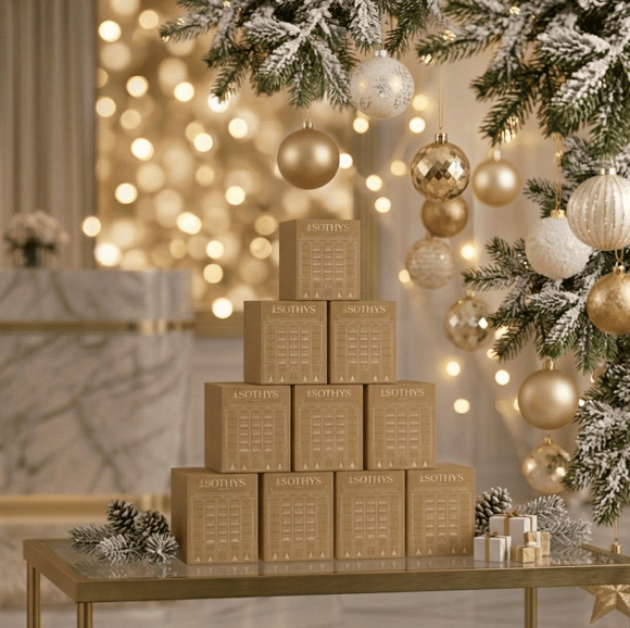 Les coffrets cadeaux des fêtes 2026 de Sothys Paris sont organisés en pyramide sous le sapin