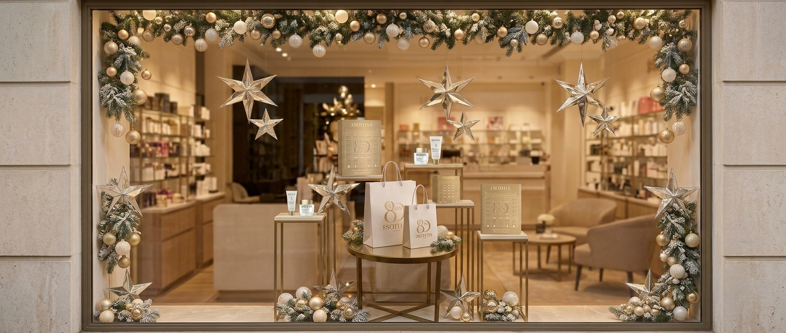 Une vitrine du temps des fêtes de couleurs dorée et crème pour les 80 ans de Sothys Paris