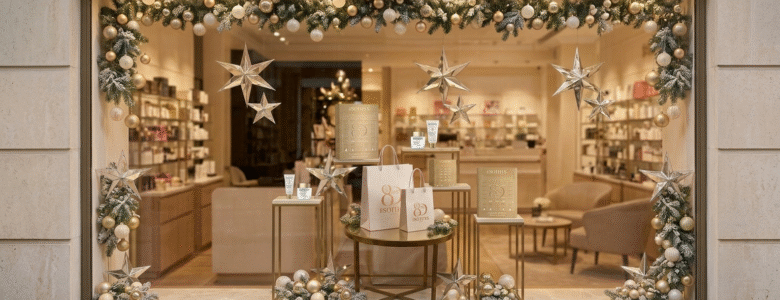 Une vitrine du temps des fêtes de couleurs dorée et crème pour les 80 ans de Sothys Paris